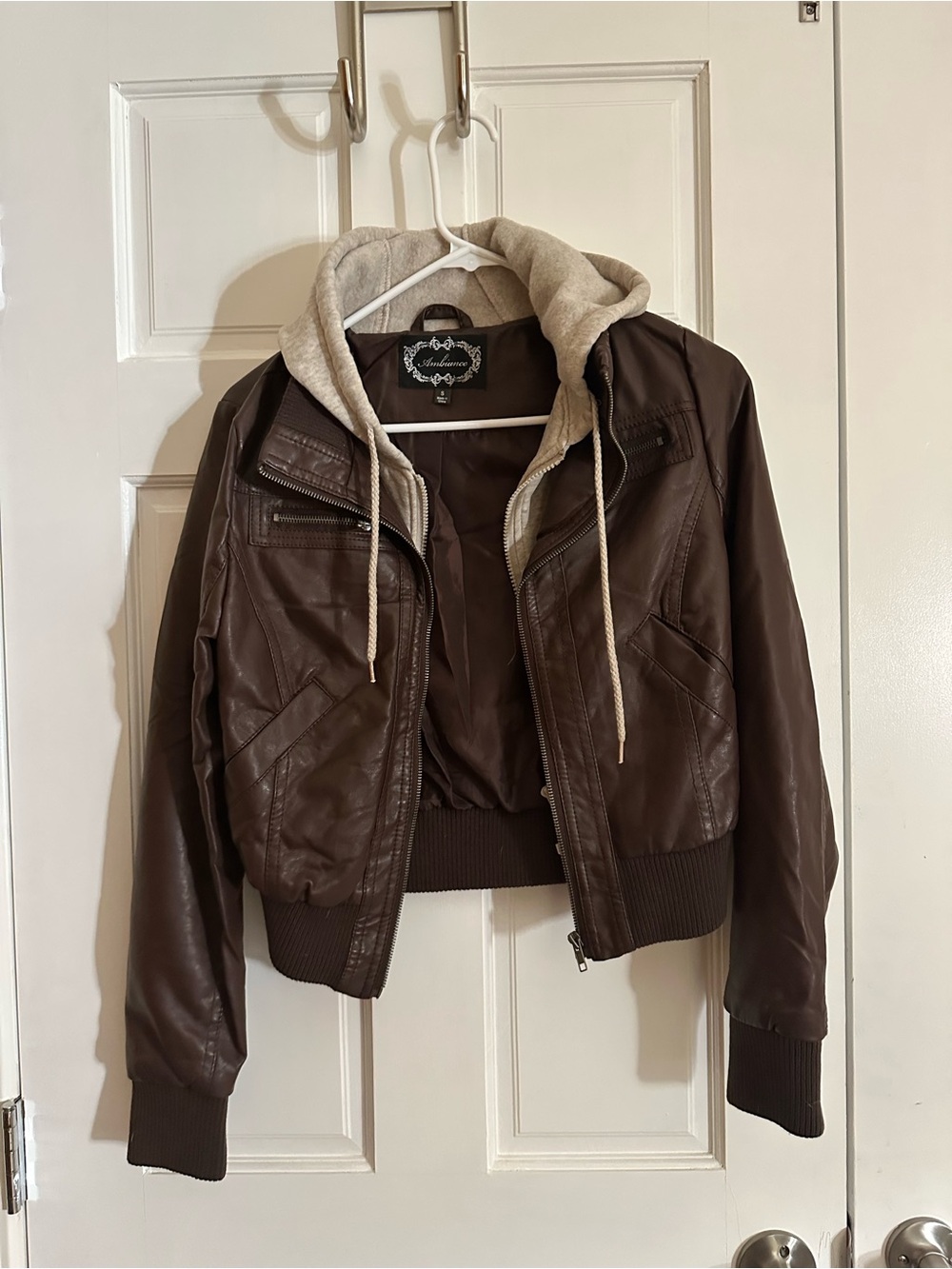 Ambiance Brown Faux Leather Bomber Jacket with Cream Hood
